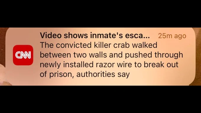 A CNN news notification : The convicted killer crab walked between two walls and pushed through the newly installed razor wire to break out of prison, authorities say