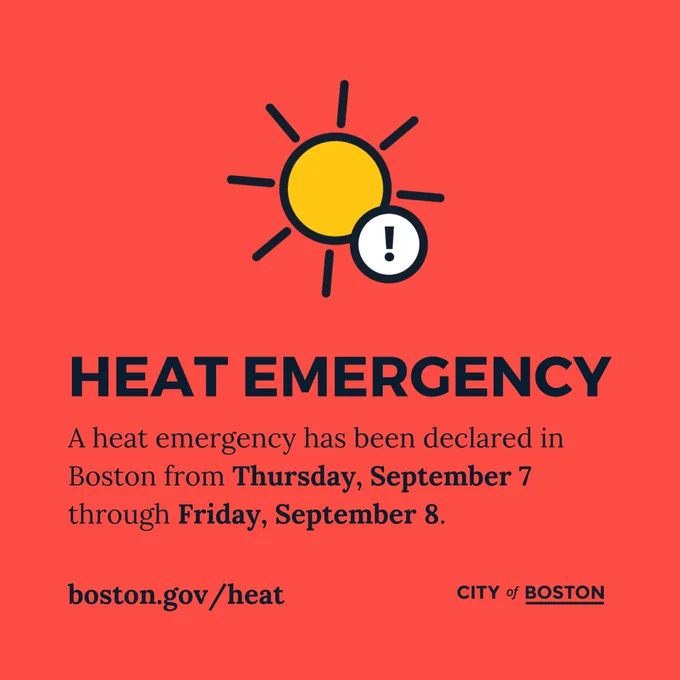 red graphic with text: Heat Emergency in the City of Boston