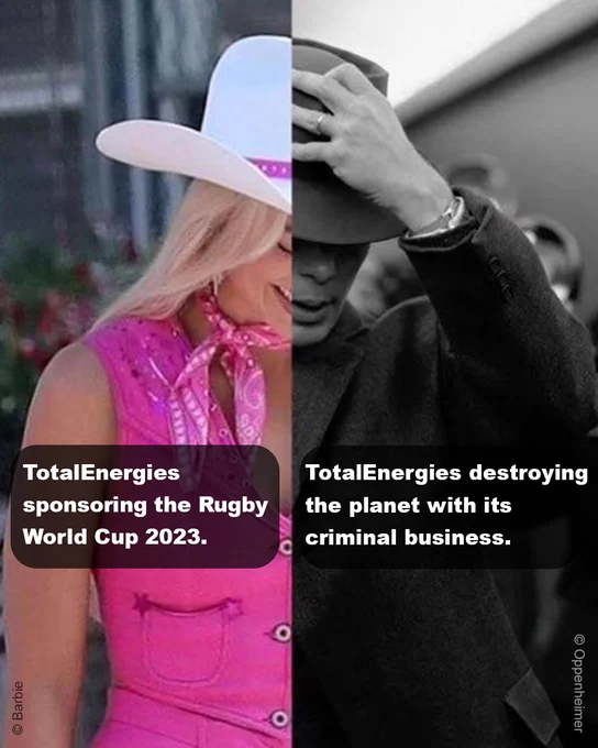 Meme highlighting greenwashing at the Rugby World Cup