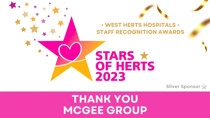 A star with a heart in the middle. The text reads:
West Herts Hospitals
Staff recognition awards
Stars of Herts 2023
Thank you McGee Group
Silver sponsor