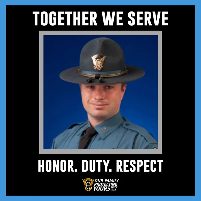 Text saying "Together we serve" and "Honor. Duty. Respect".  Trooper Keefe in full uniform looking at the camera.