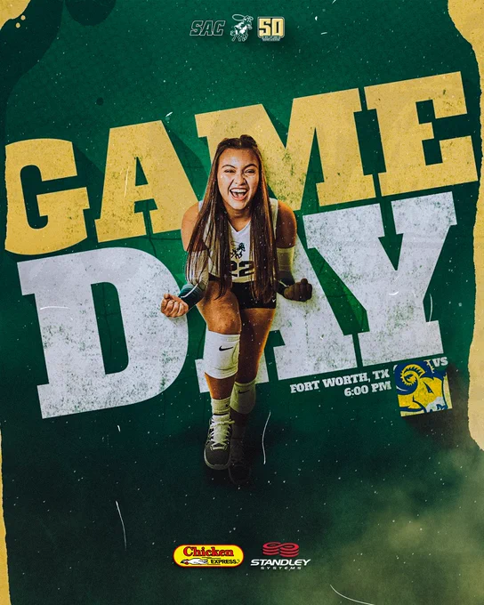 USAO Volleyball gameday graphic. Featuring image of Brooke Reitz. USAO at #20 TX WES at 6:00 PM in Fort Worth, TX.