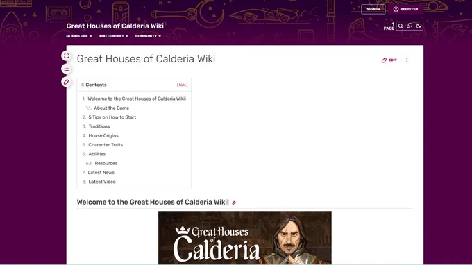 A screenshot of the Wiki Fandom of Great Houses of Calderia.