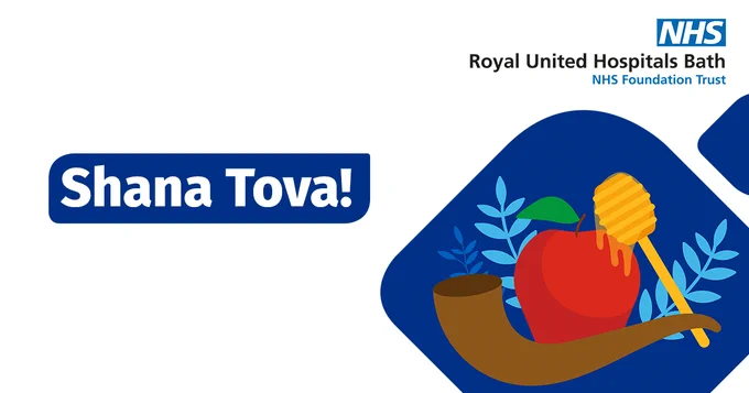 Illustration of a shofar, apple and honey. Text reads Shana Tova.