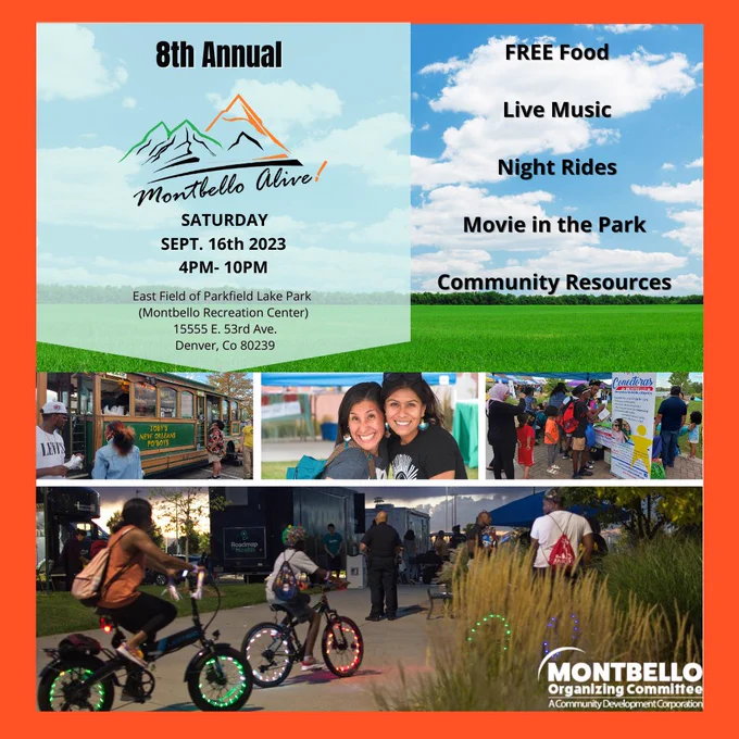 A flyer advertising "Montbello Alive!" on Saturday, September 16, 2023 from 4p-10p at 15555 E. 53. Ave in Denver, Colorado. 
