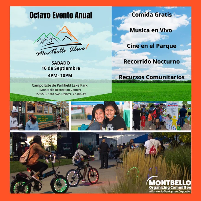 Un folleto que anuncia "¡Montbello Alive!" el sábado 16 de septiembre de 2023 de 4 p.m. a 10 p.m. en 15555 E. 53. Ave en Denver, Colorado.