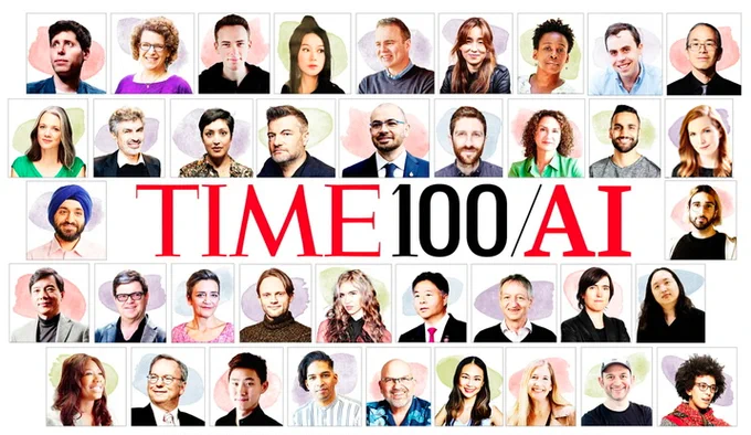 The TIME 2023 Time 100 AI list featuring headshots of some of the honorees
