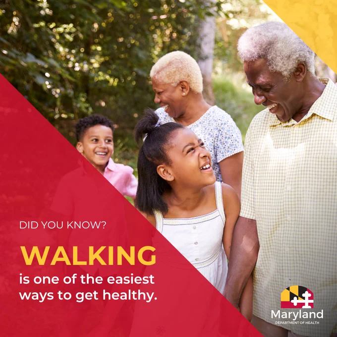 Did you know? Walking is one of the easiest ways to get healthy. A family goes for a walk together.