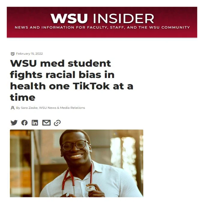 Web article with photo of WSU medical student Joel Bervell. 