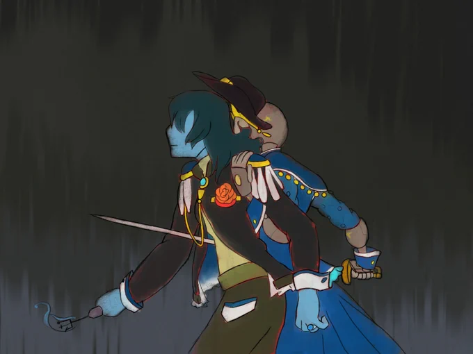 (first image) A redraw of a screencap from the final episode of Revolutionary Girl Utena when Anthy stabs Utena in the back with VR-LA and Dani from Rolling With Difficulty in place of Anthy and Utena respectively. Instead of red like in the show proper, the prominent color that appears across both their outfits is blue to match VR-LA's usual color associations. Instead of Utena's white rose, the rose pinned to Dani's breast is orange.