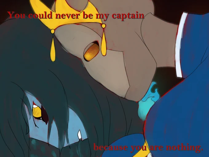 (second image) A redraw of a screencap from the final episode of Revolutionary Girl Utena when Anthy says to Utena "You could never be my prince, because you're a girl." With VR-LA and Dani from Rolling With Difficulty in place of Anthy and Utena respectively. Instead of the original gendered line, it is altered so VR-LA is saying "You could never be my captain, because you are nothing." to reference the canon of Rolling With Difficulty where Dani says she is nothing without the Per Aspera.