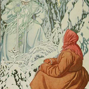 Frosty snow covered figure rising up out of the snowy forest appearing to a woman in a long brown coat and red head scarf.