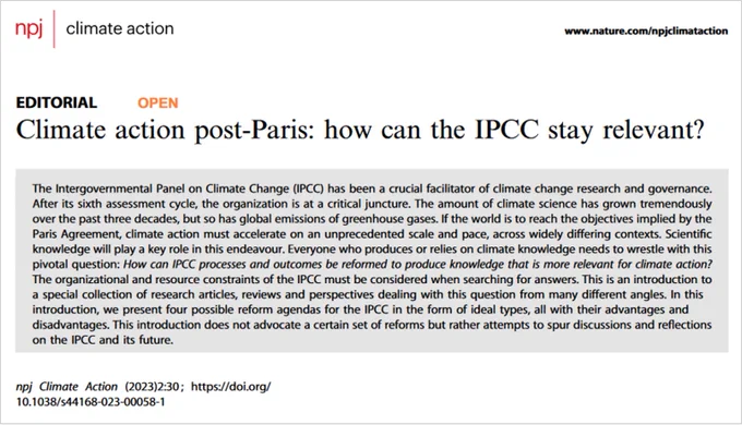 Title, authors’ names, and abstract of an editorial about the future of the Intergovernmental Panel on Climate Change. Text: Climate action post-Paris: how can the IPCC stay relevant?