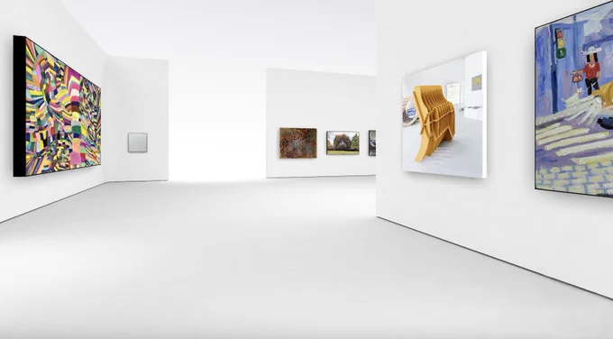 A virtual art gallery with white walls and grey flooring. Six works of art can be seen in various mediums. 