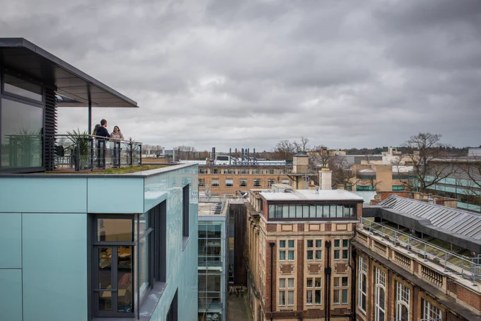 A view of the departments roof terrace over loooking the science site at oxford. 