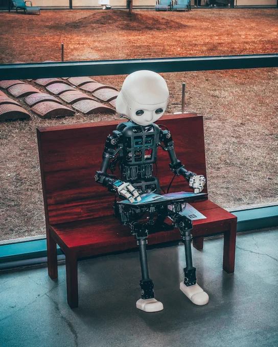 Un robot che sfoglia una rivista su automazione e intelligenza artificiale.
