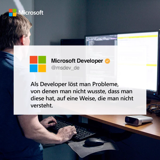 Auf der Illustration steht der Text "Als Developer löst man Probleme, von denen man nicht wusste, das man diese hat, auf eine Weise, die man nicht versteht."