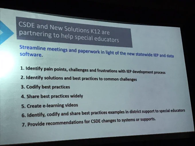 Slide headed: “CSDE and New Solutions K12 are partnering to help special educators”