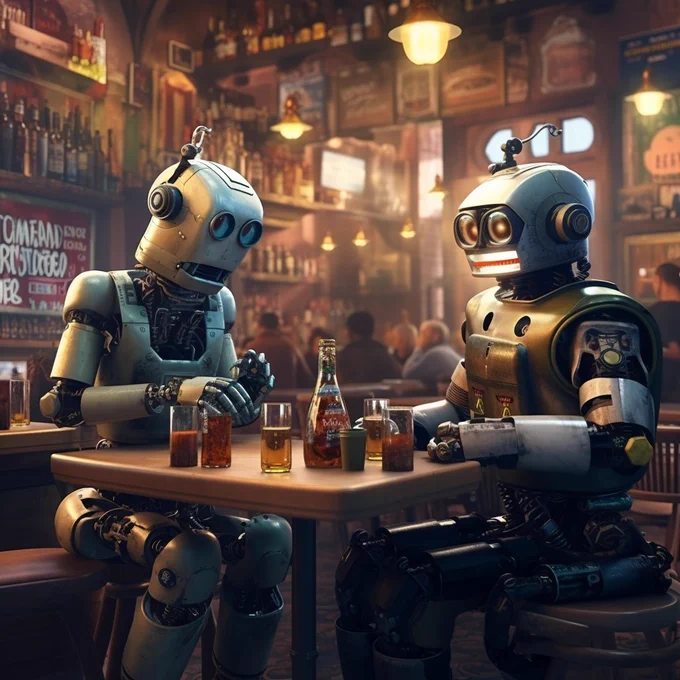 cinematic still ; Two robots sitting at a bar drinking drinks, in the style of evgeny lushpin, vintage atmosphere, tony diterlizzi, filip hodas, detailed crowd scenes, consumer culture critique, snailcore --style raw  --s 500 