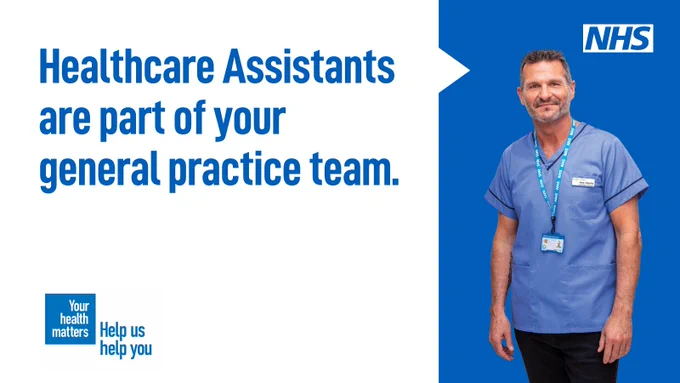 Photo of male healthcare assistant. Caption reads: Healthcare Assistants are part of your general practice team.