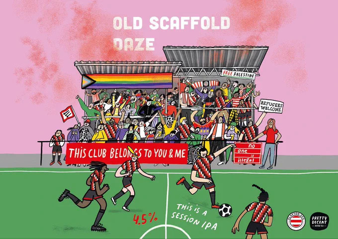 Illustration from the Old Scaffold Daze beer can. The CCFC women's team play infrom of the scaffold, packed with fans, and banners reading 'free Palestine', 'refugees welcome', 'this club belongs to you & me', and 'no one is illegal'