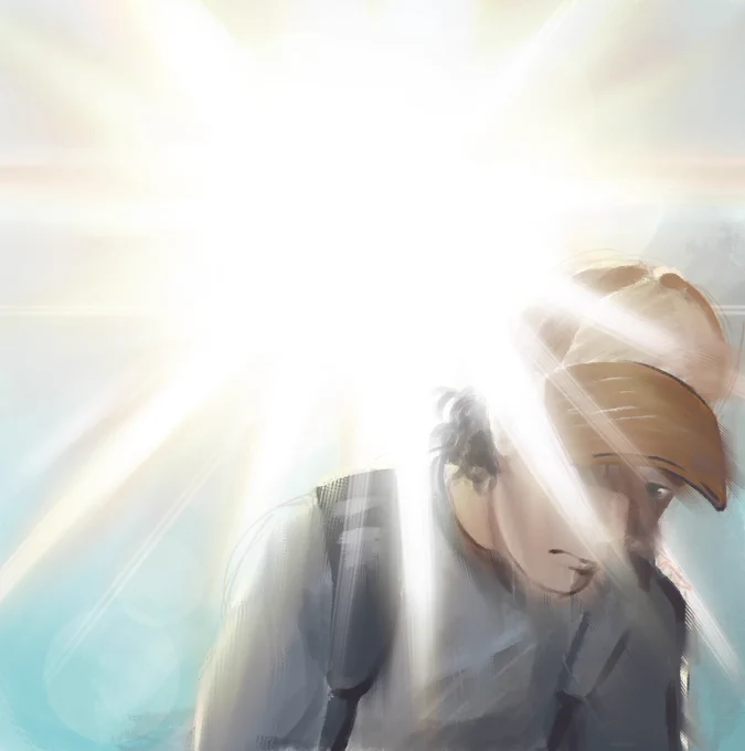 Illustration shows the sun glaring out in all directions including slightly blocking someone in the right side. Part of the person’s face is blocked by the sun but they wear an orange hat and gray shirt with black backpack straps. Illustration by Emma Berke.