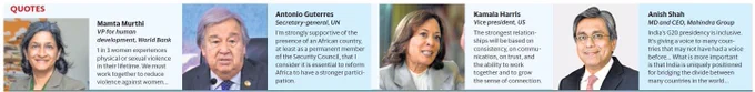 Newspaper clipping featuring photos and quotes of Mamta Murthi, Antonio Guterres, Kamala Harris and Anish Shah from left to right.
