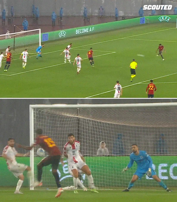An image featuring two screenshots of Lamine Yamal in the process of scoring his first goal for the senior Spain team: above is a wide-frame broadcast angle showing him shooting from about 14 yards; below is  a reverse angle from behind, showing the ball travelling between three defenders into the far corner.