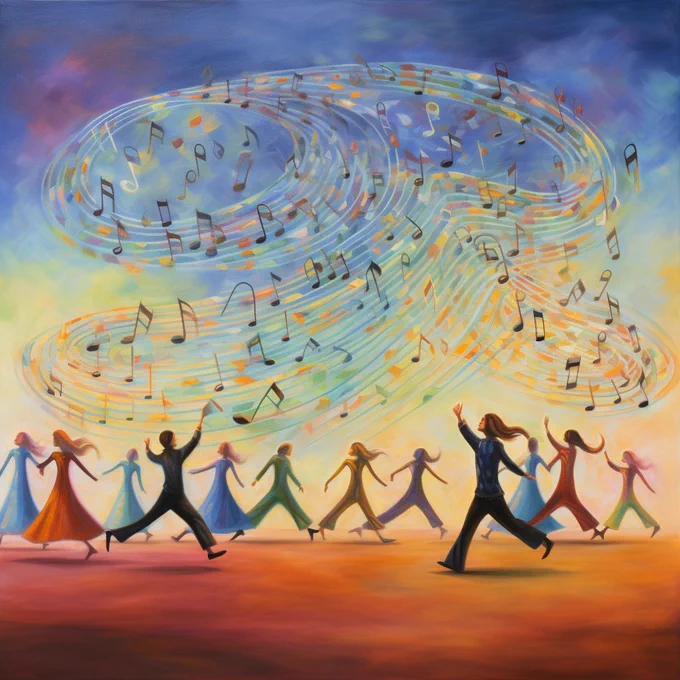 an image inspired by movement and dancing, the "walk of life"; we are all the same; music makes people happy