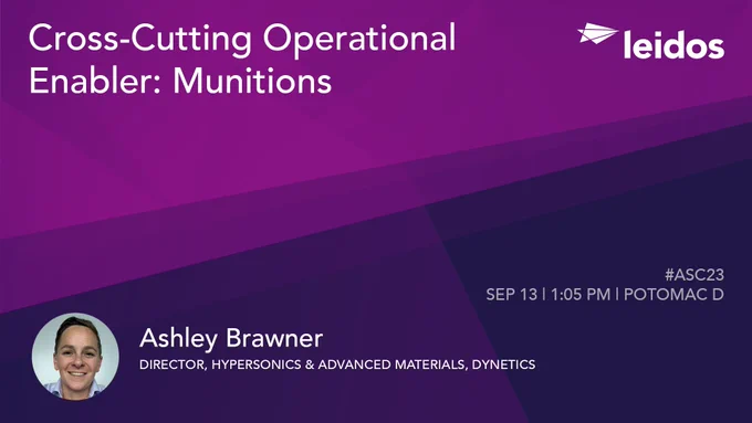 Purple image with white text, reading 'Cross-cutting operational enabler: munitions' and a head shot of Ashley Brawner