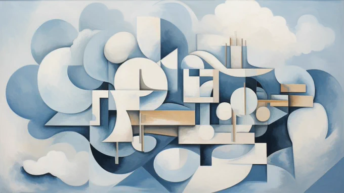 A picture of a cloud in the style of Cubism, using lots of geometric shapes.