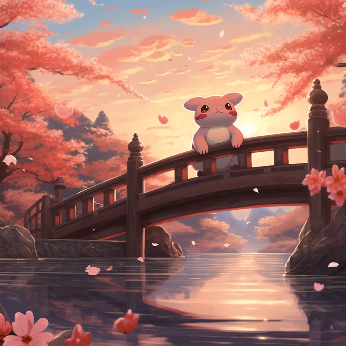 A Pokémon-like character standing on a bridge in a zen garden, looking over a pond.