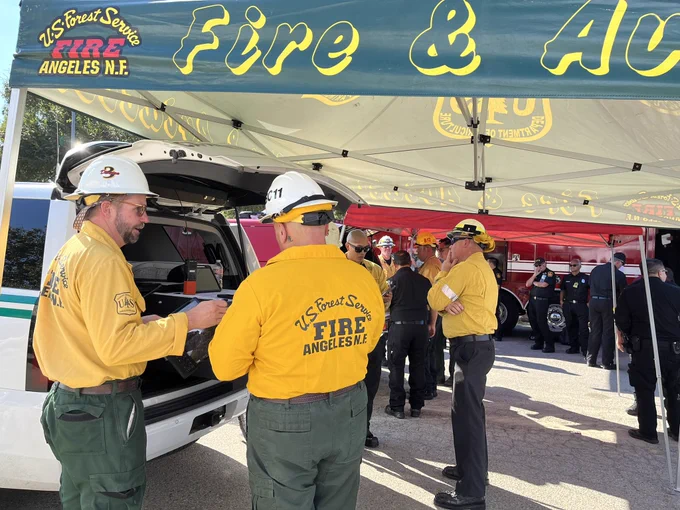 Angeles National Forest firefighters communicating under the a canopy’s.
