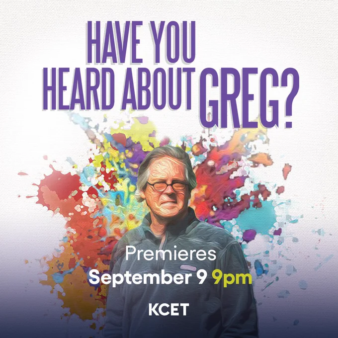 Graphic that includes words Have You Heard About Greg? Premieres September 9, 9pm KCET and an illustration of journalist Greg O’Brien