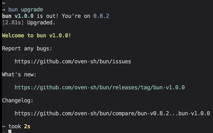 Terminal window showing `bun upgrade` command entered followed by "Welcome to bun v1.0.0!"