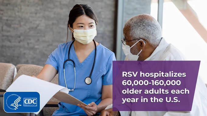 Masked healthcare provider speaks with a masked older man while gesturing at her clipboard. Text overlay says, RSV hospitalizes 60,000-160,000 older adults each year in the U.S.