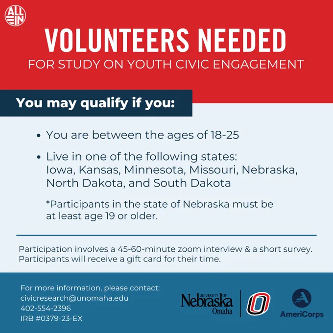 Volunteers Needed
for study on Youth Civic Engagement

You may qualify if you:
- Are between the ages of 18-25
- Live in one of the following states: Iowa, Kansas, Minnesota, Missouri, Nebraska, North Dakota, and South Dakota

*Participants in the state of Nebraska must be at least age 19 or older. 

Participation involves a 45-60-minute zoom interview & a short survey. Participants will receive a gift card for their time. 

For more information, please contact:
civicresearch@unomaha.edu
402-554-2396
IRB #0379-23-EX
