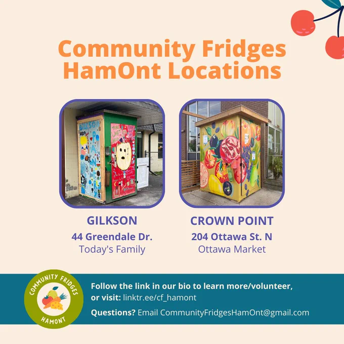 A graphic post that says “Community Fridges HamOnt Locations” and shows images of the Gilkson & Crown Point community fridges.