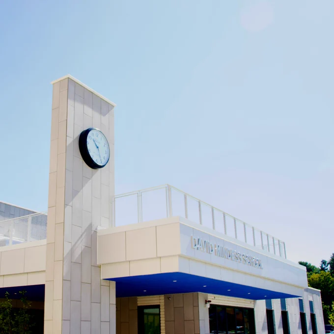 A view of the clock tower and rooftop at the new Mindess School building 