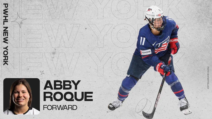 Graphic announcing Abby Roque to PWHL New York. In the center is a photo of Roque in a blue jersey. On the bottom is a headshot and “Abby Roque, Forward.”