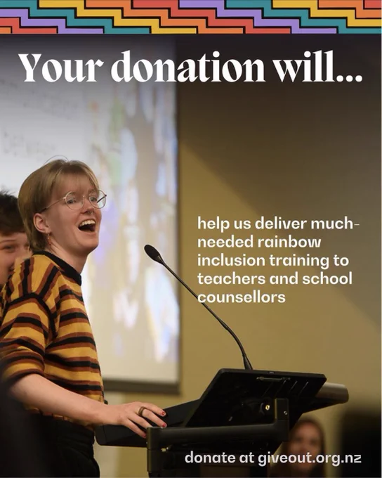 Text over image of InsideOUT staff member at a lectern reads: Your donation will… help us deliver much-needed rainbow inclusion training to teachers and school counsellors - donate at giveout.org.nz