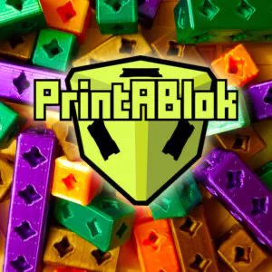 The PrintABlok logo with a pile of base bricks in the background.