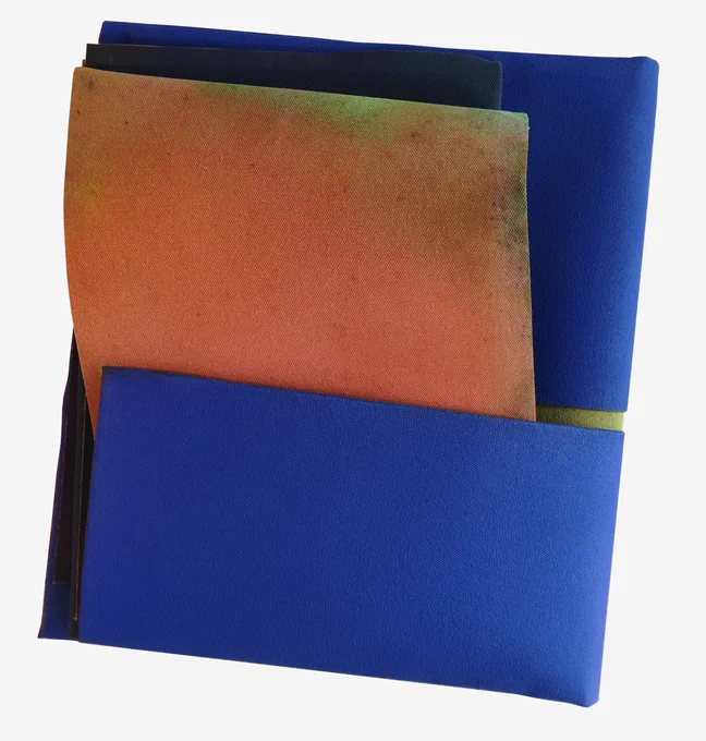 A textured artwork piece in blue and yellow colours.