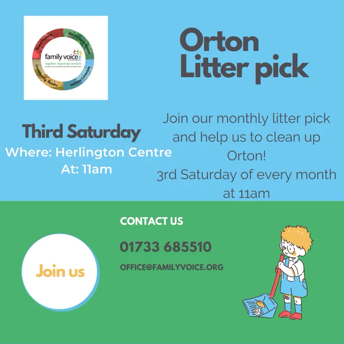  Blue and green background, clip art of litter picker, text details as above. FVP logo in the top left corner.