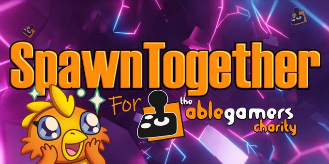 A purple lightning-streaked background with text that says 'Spawn Together for the AbleGamers Charity' and Stevein Spohn's cartoon chicken character.