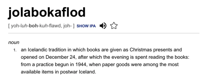 A screenshot of an entry from dictionary.com for the word "jolabokaflod" — meaning "an Icelandic tradition in which books are given as Christmas presents and opened on December 24."