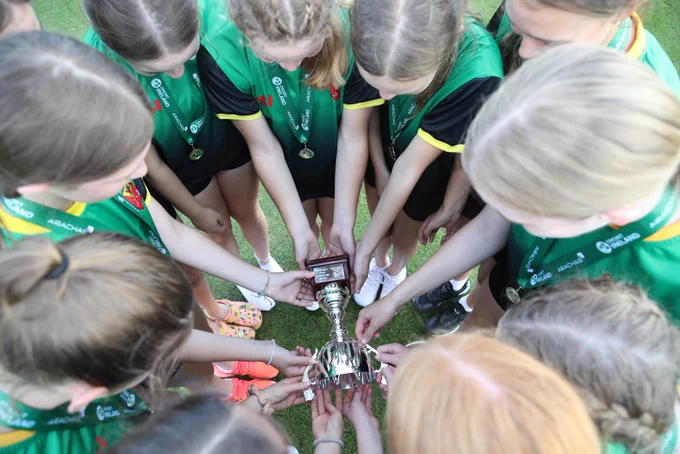 An overhead view of the players holding the trophy