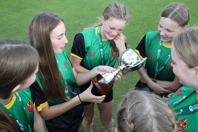 Players admiring the trophy