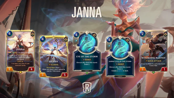5 cards from LoR's newest expansion, Fate's Voyage: Onward, are featured on top of an image of Janna sitting on the edge of a boat. Her hair is gently floating as she blows some blue magic from her right hand. The cards from left to right are: Janna; Janna (Level 2); Eye Of The Storm; Janna's Eye Of The Storm; Windborne Mariner. 
