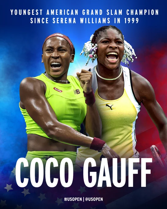 Coco Gauff is youngest American Grand Slam Champion since Serena Williams in 1999. 